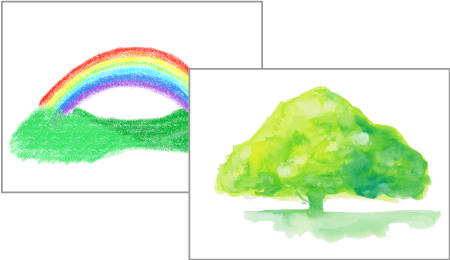 虹と木が描かれた淡い色のフルカラーデザイン