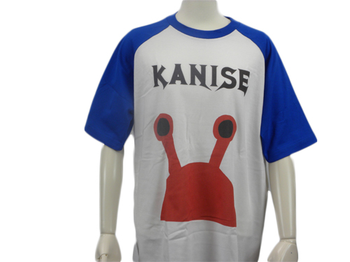 白と青TシャツにKANISEのデザインのTシャツ前面