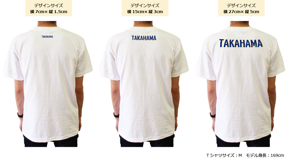 Tシャツ前のプリント位置例デザインサイズ横15cmx縦5cm、横27cmx縦17cm横、横27cmx縦35cmの比較図